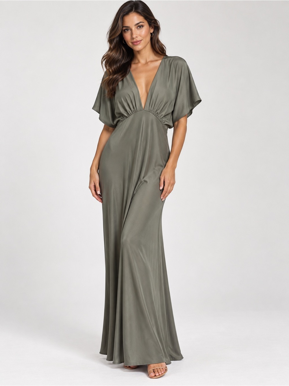 BHLDN Olive Green Plunge Maxi Dress